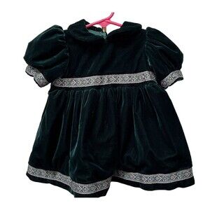 High End Boutique Emerald Green Velvet Fully Satin Lined Dress Baby Girls 6Mths
